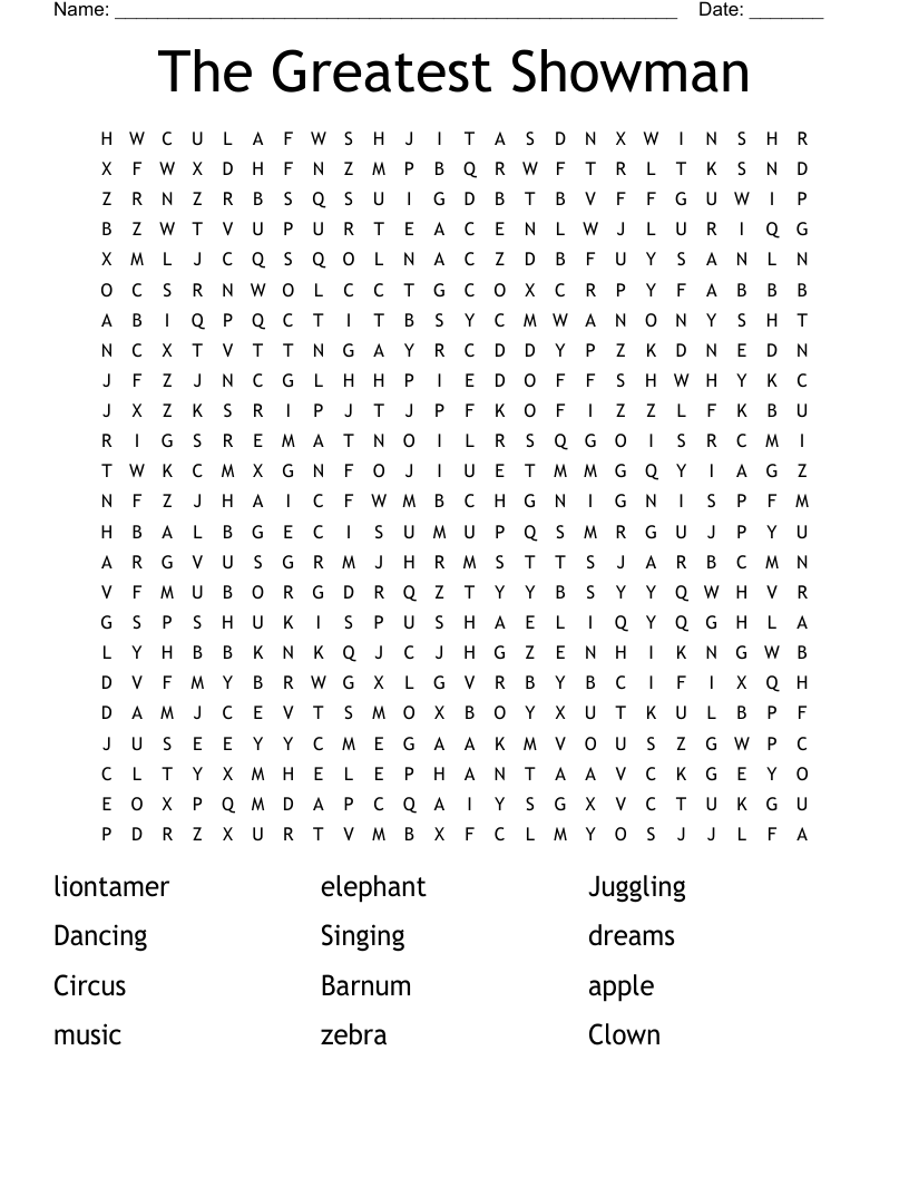 The Greatest Showman Word Search