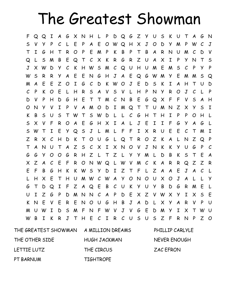 The Greatest Showman Word Search