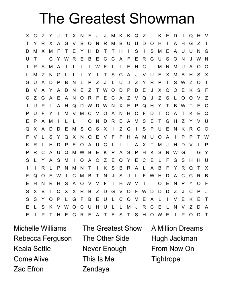 The Greatest Showman Word Search