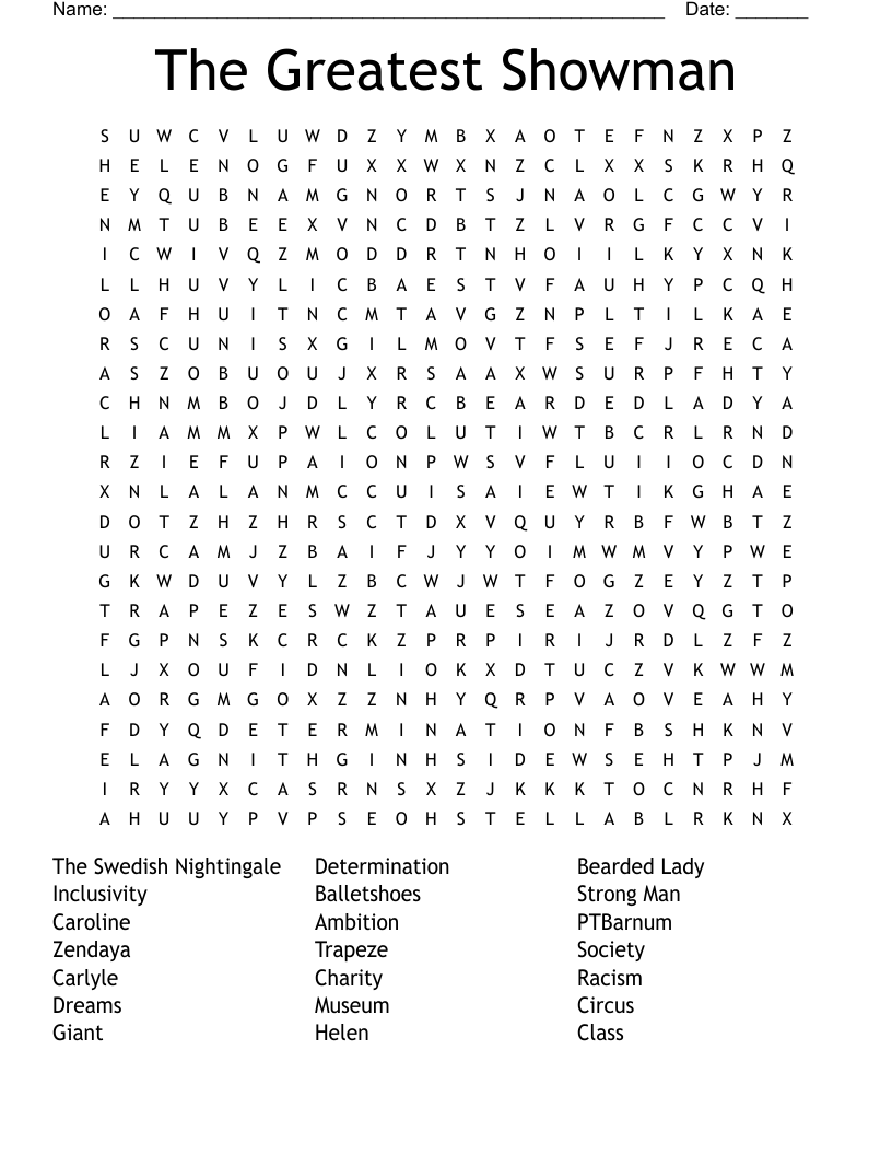 The Greatest Showman Word Search