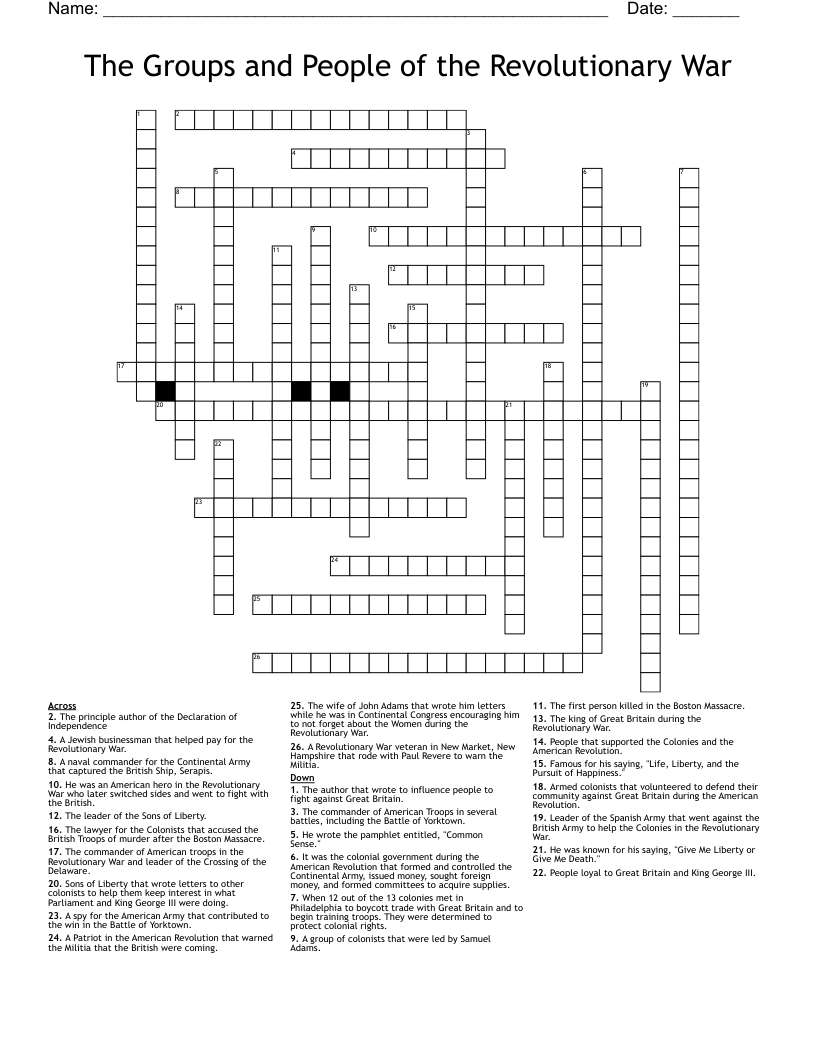 The Groups and People of the Revolutionary War Crossword