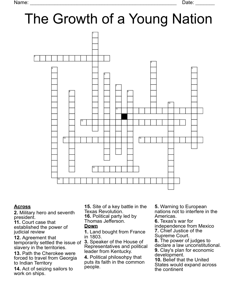 The Growth of a Young Nation Crossword