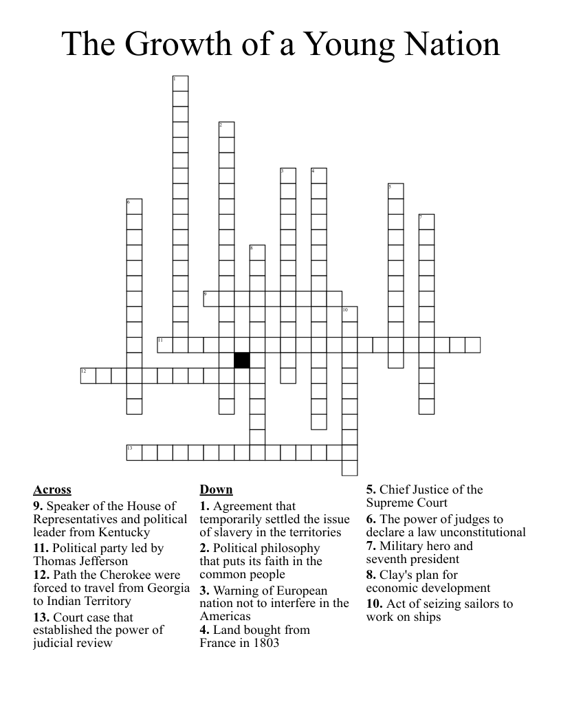 The Growth of a Young Nation Crossword