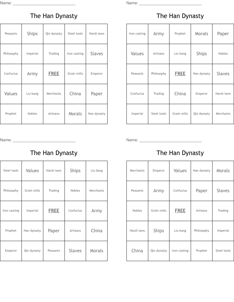 The Han Dynasty  Bingo Cards