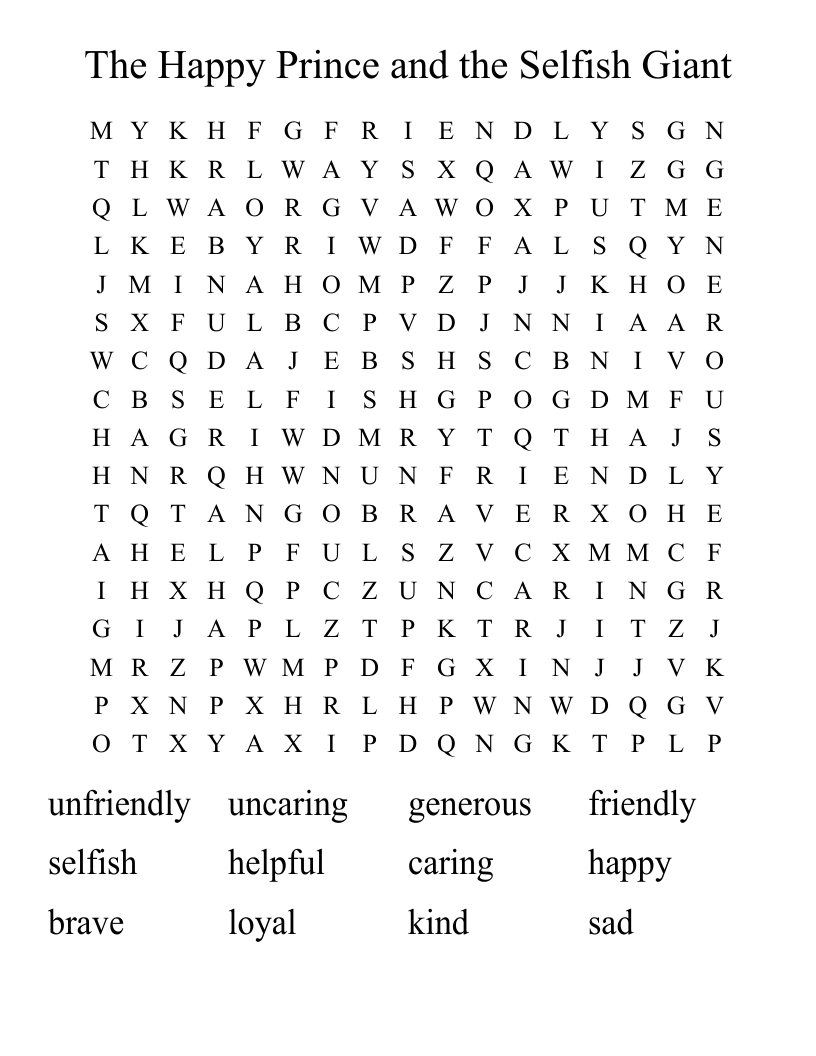 The Happy Prince and the Selfish Giant Word Search