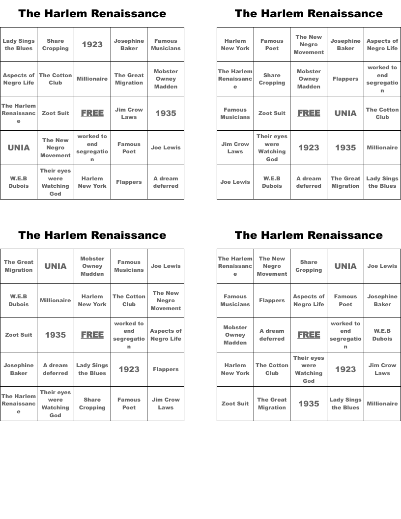 The Harlem Renaissance  Bingo Cards