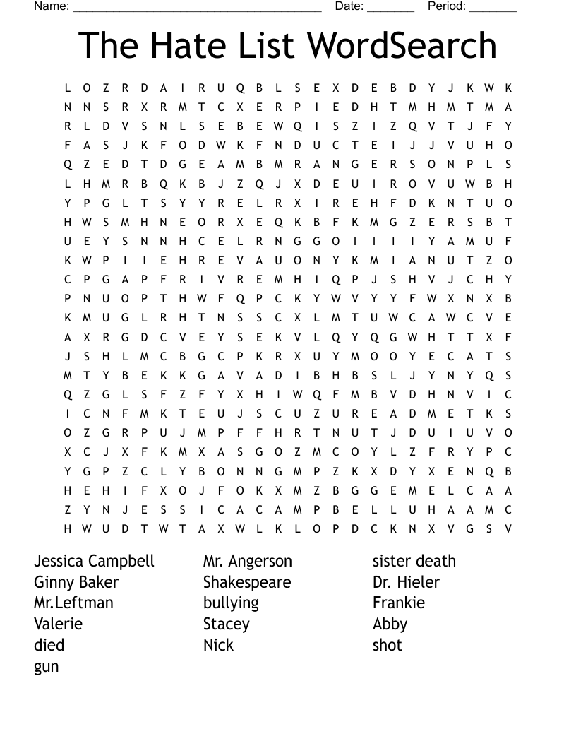 The Hate List WordSearch