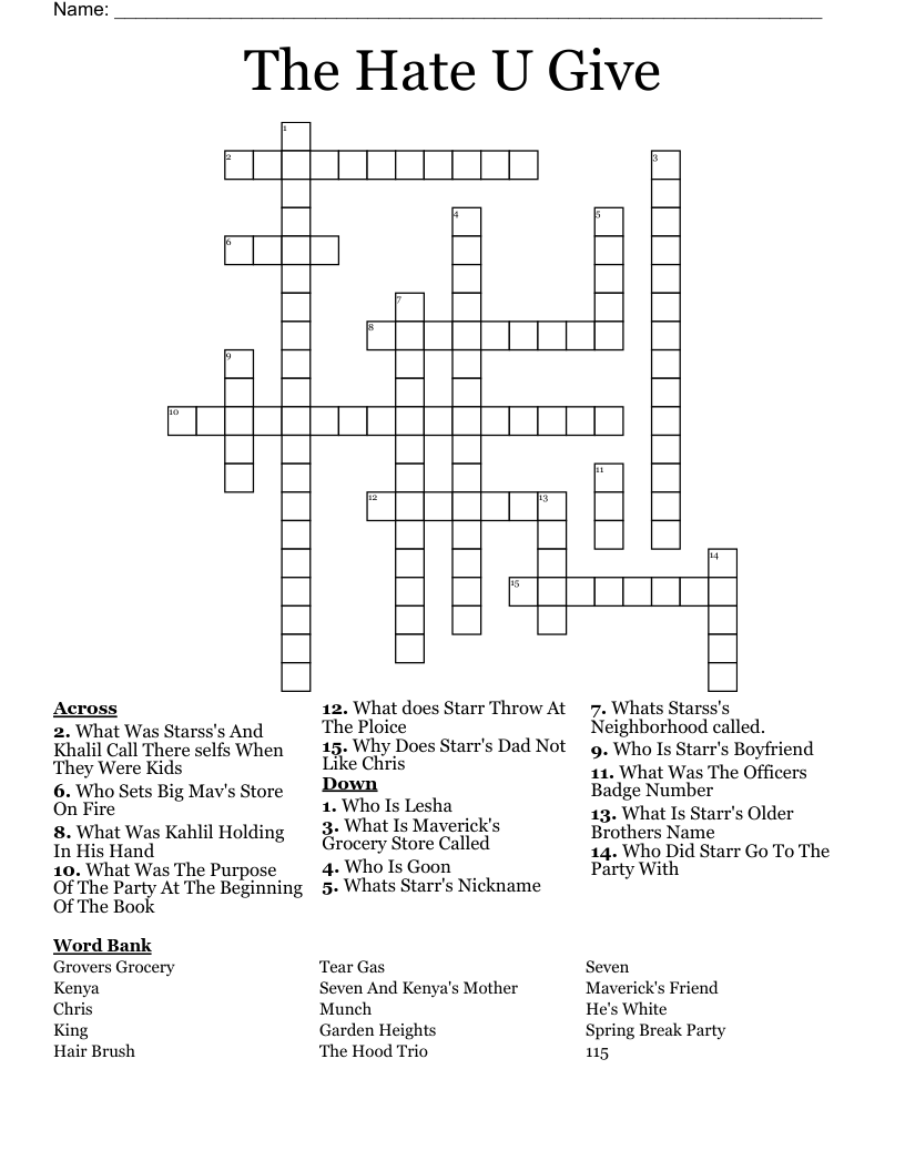 The Hate U Give Crossword