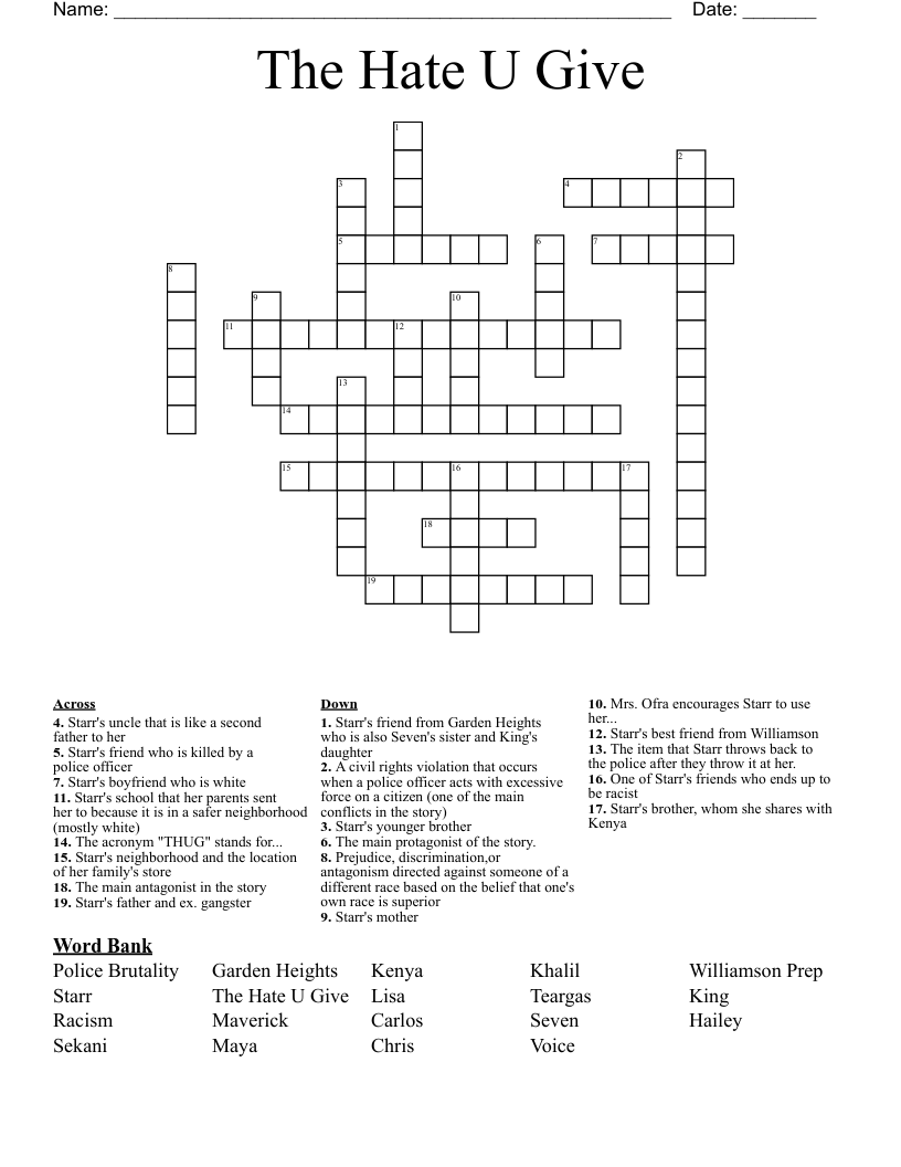 The Hate U Give Crossword