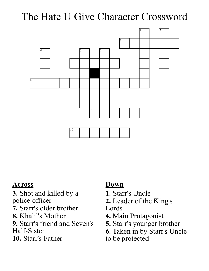The Hate U Give Character Crossword