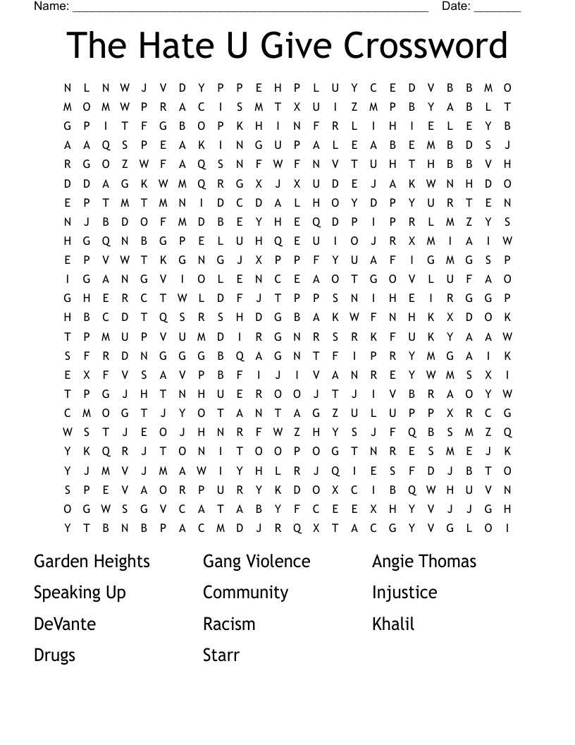 The Hate U Give Crossword Word Search
