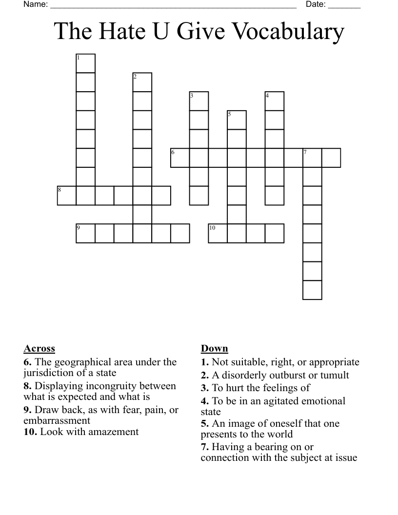 The Hate U Give Vocabulary Crossword