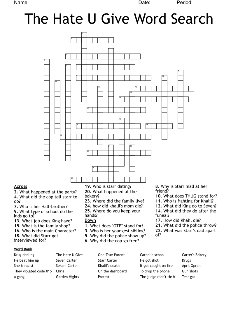 The Hate U Give Word Search Crossword