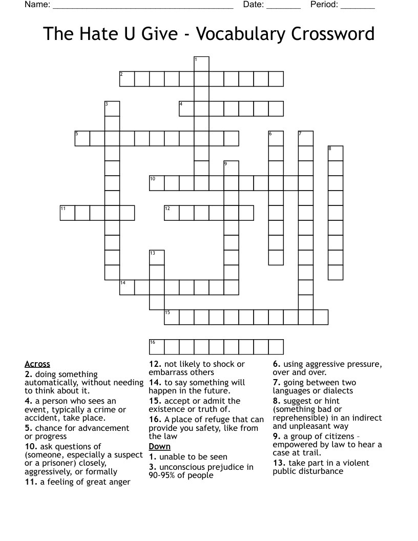 The Hate U Give - Vocabulary Crossword
