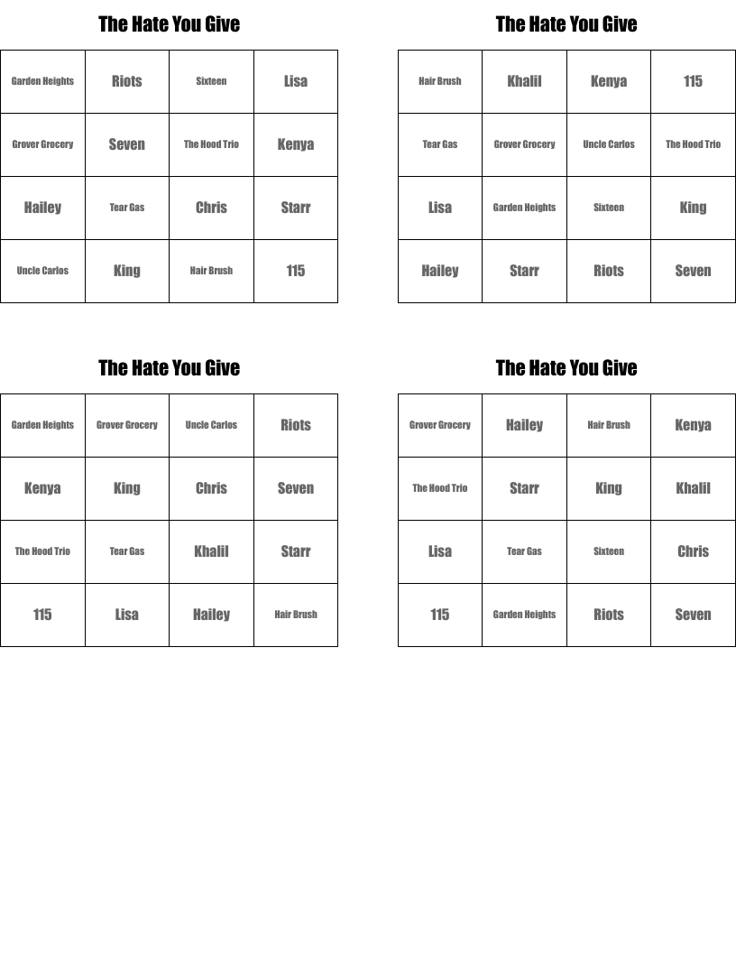 The Hate You Give Bingo Cards