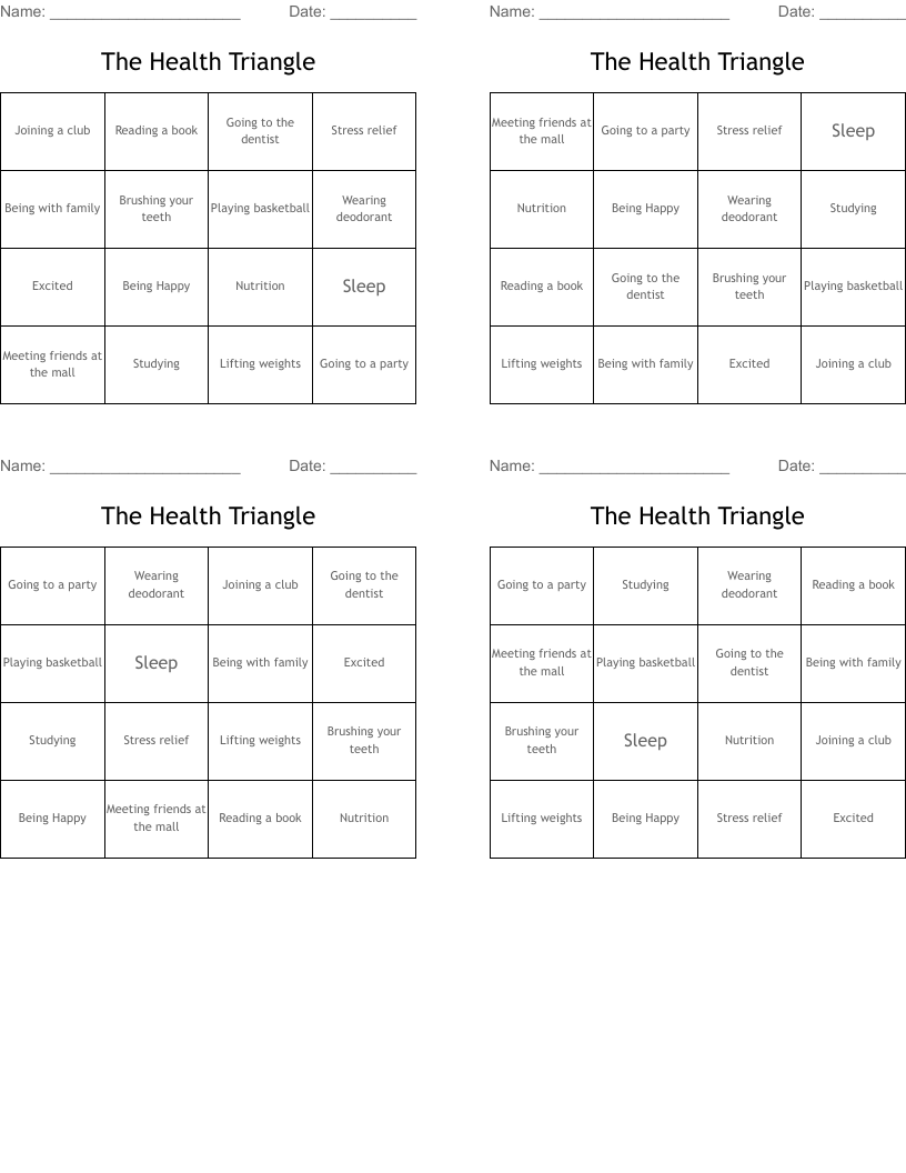 The Health Triangle Bingo Cards