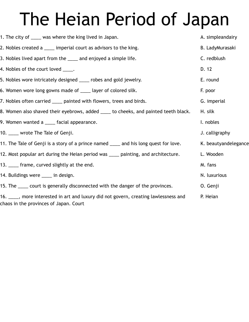 The Heian Period of Japan Worksheet