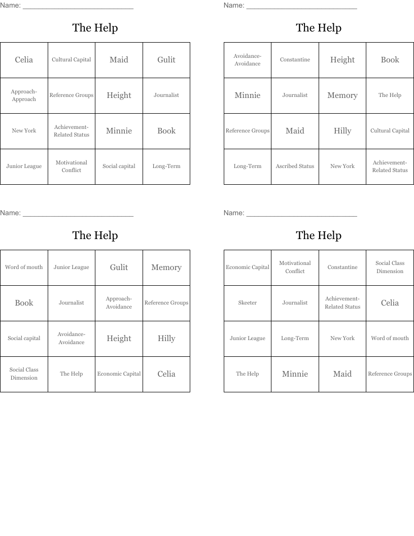 The Help Bingo Cards