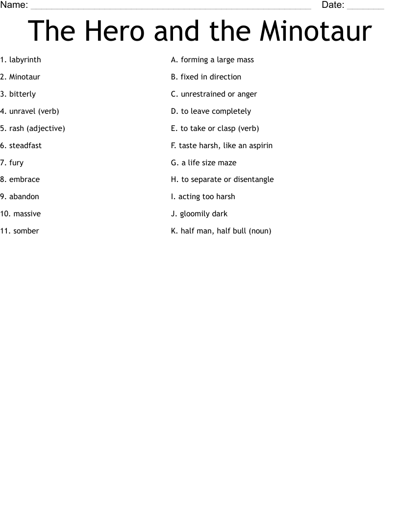 The Hero and the Minotaur Worksheet