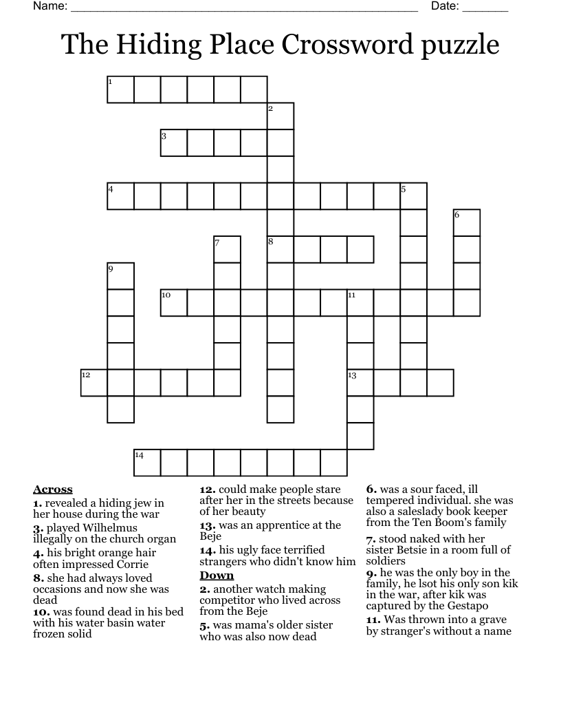 The Hiding Place Crossword puzzle 
