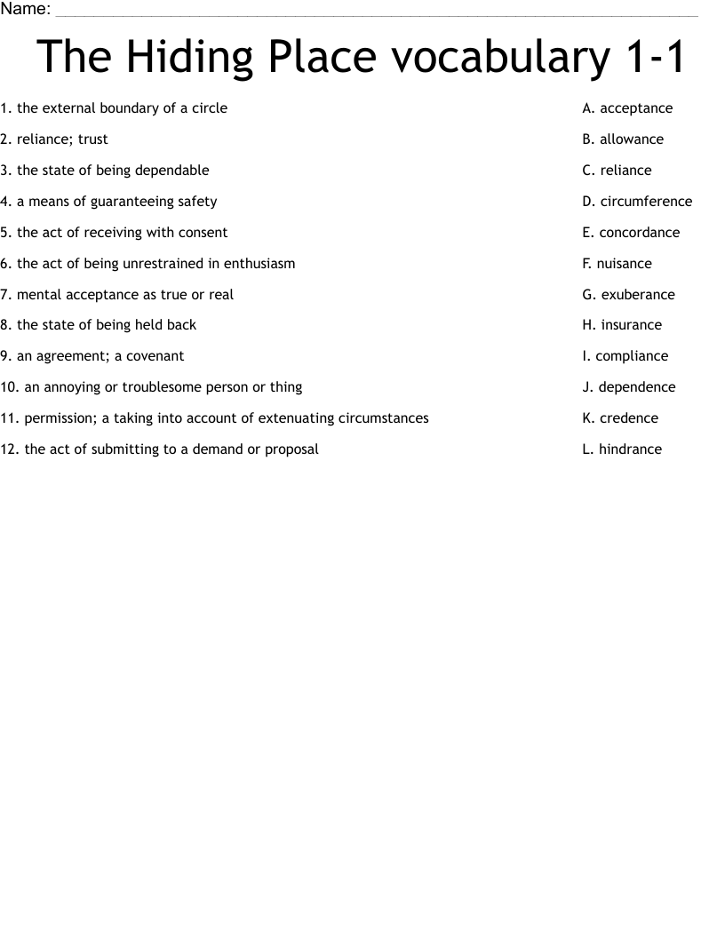 The Hiding Place vocabulary 1-1 Worksheet