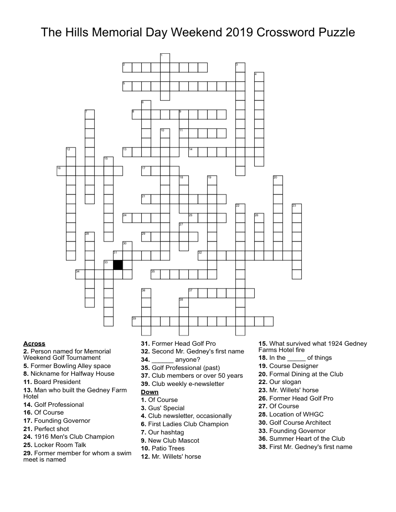 The Hills Memorial Day Weekend 2019 Crossword Puzzle