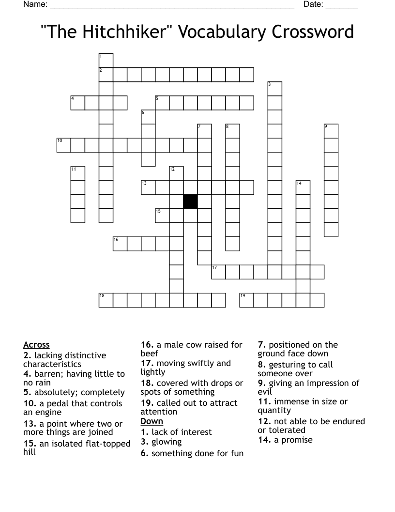"The Hitchhiker" Vocabulary Crossword