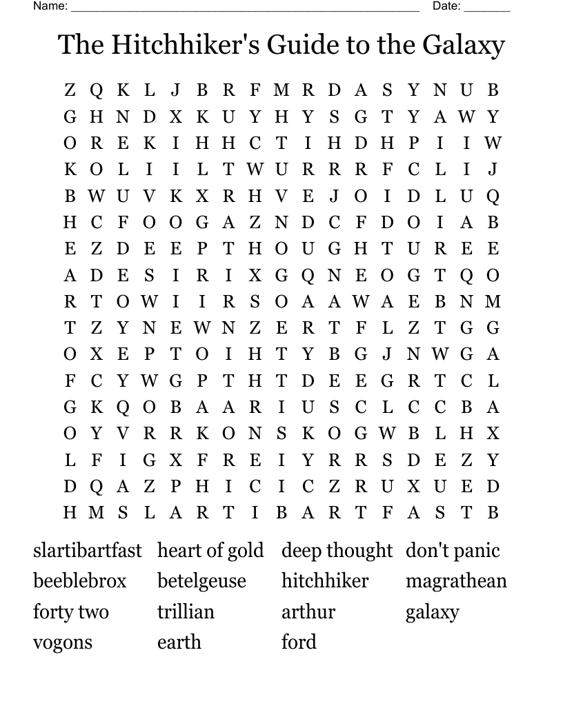 The Hitchhiker's Guide to the Galaxy Word Search