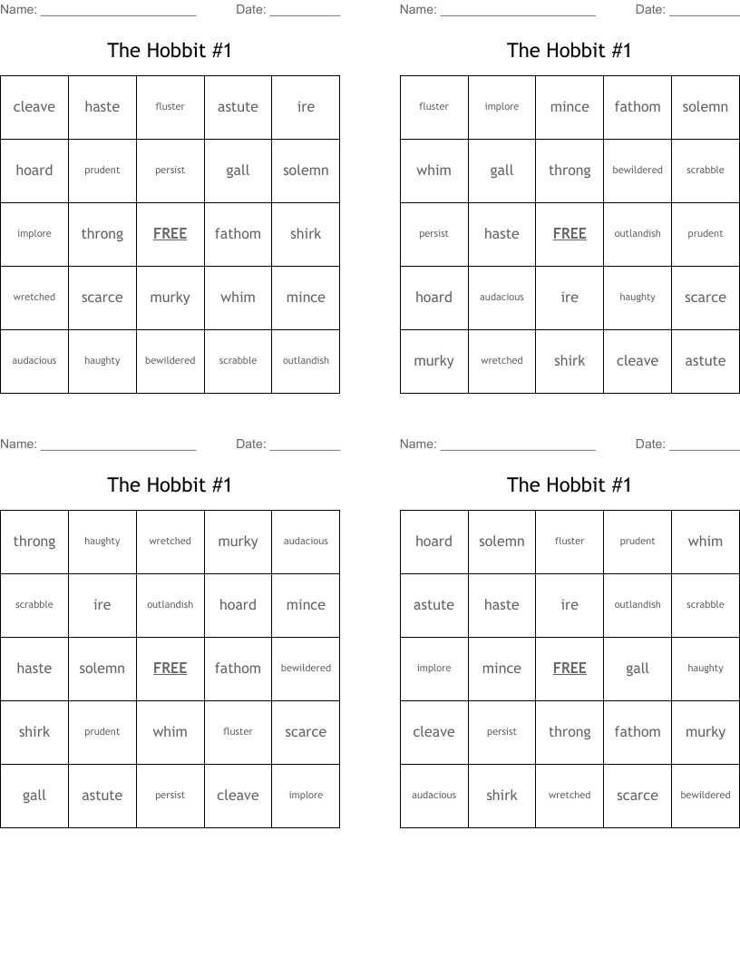 The Hobbit #1 Bingo Cards