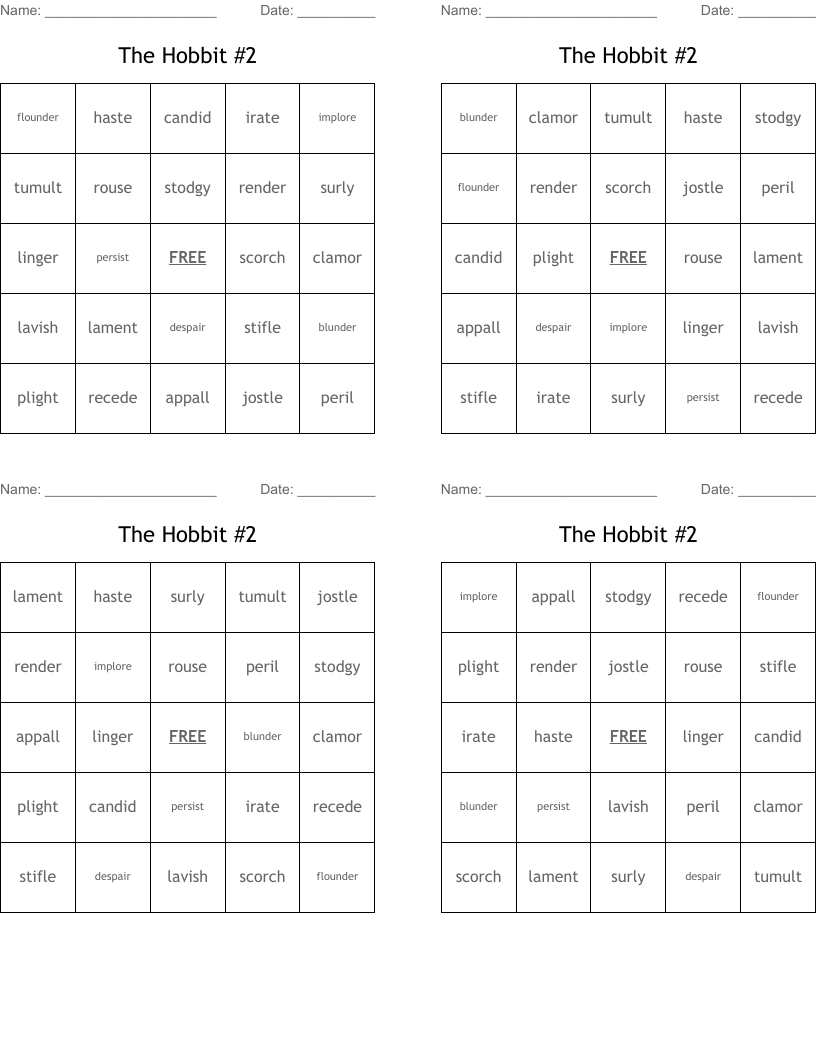 The Hobbit #2 Bingo Cards