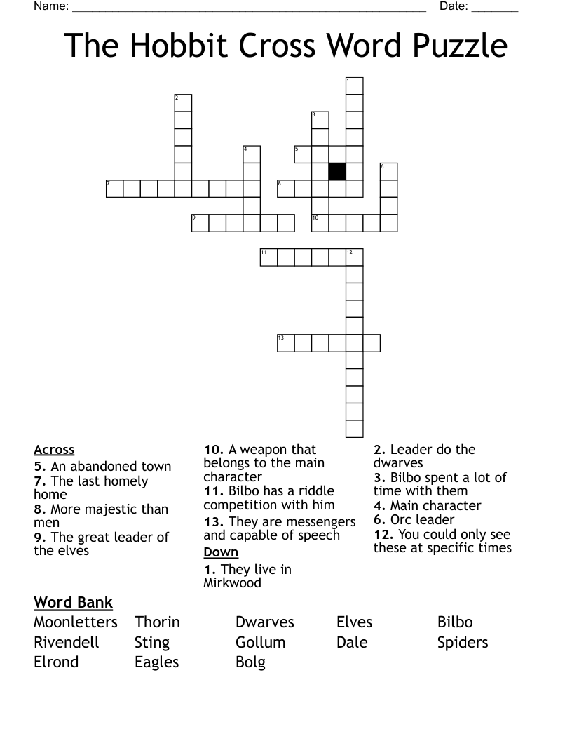 The Hobbit Cross Word Puzzle 