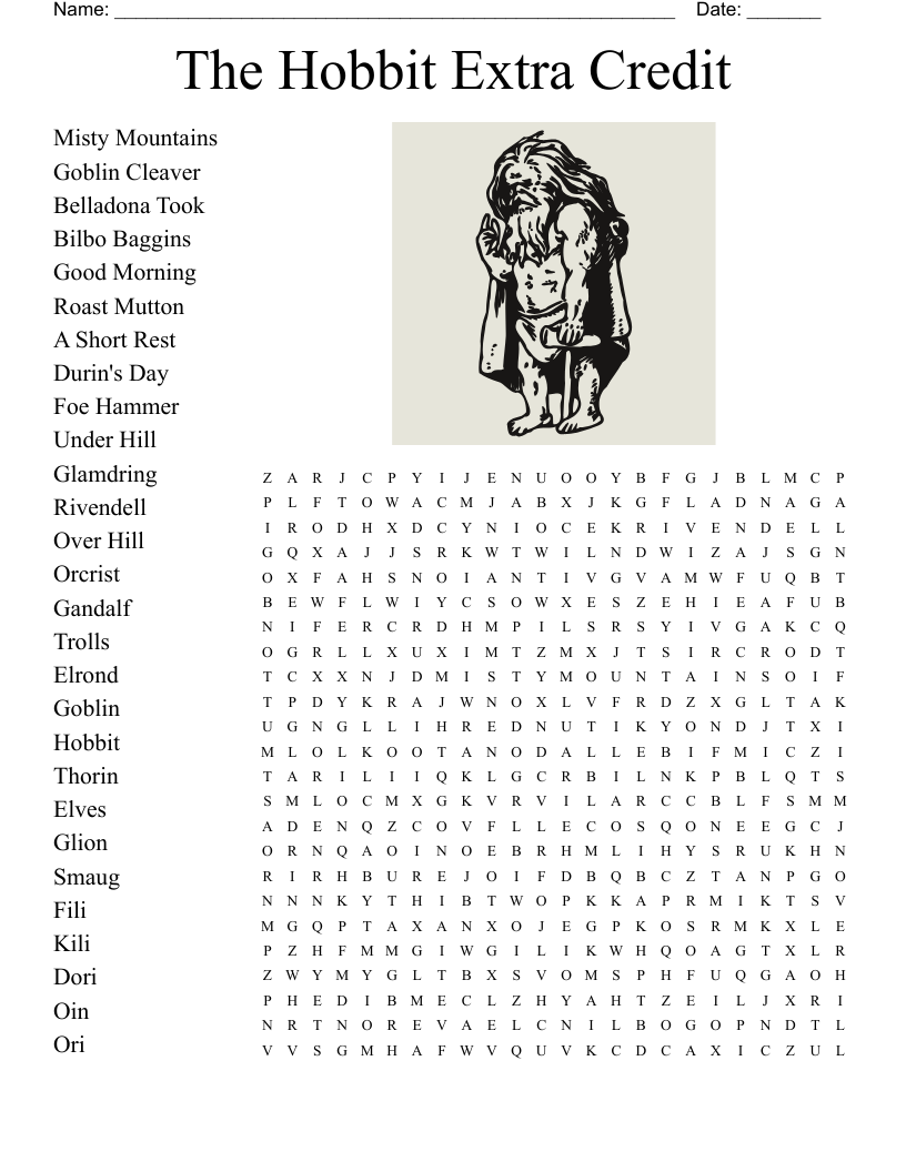 The Hobbit Extra Credit Word Search