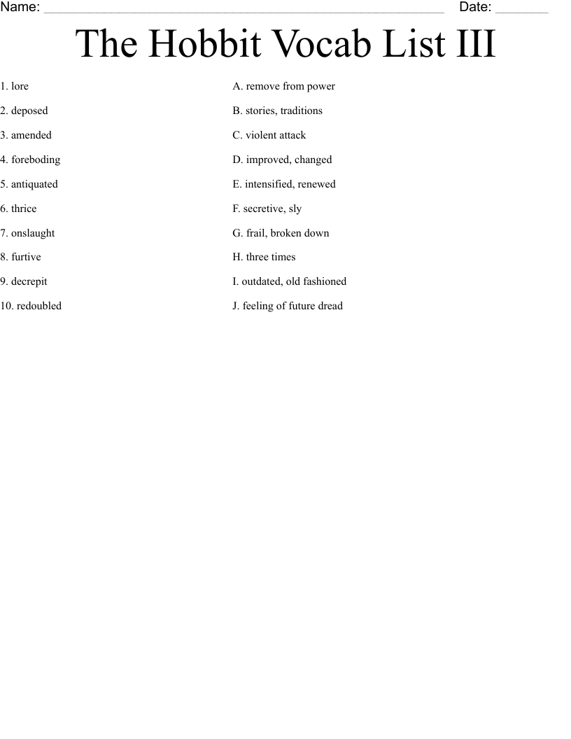 The Hobbit Vocab List III Worksheet