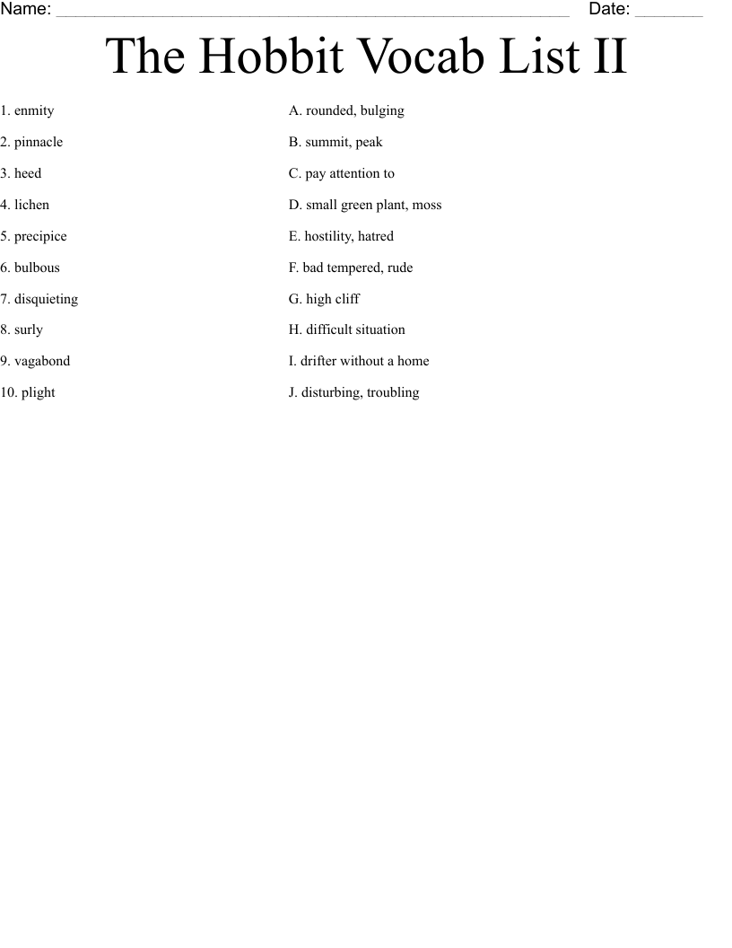 The Hobbit Vocab List II Worksheet