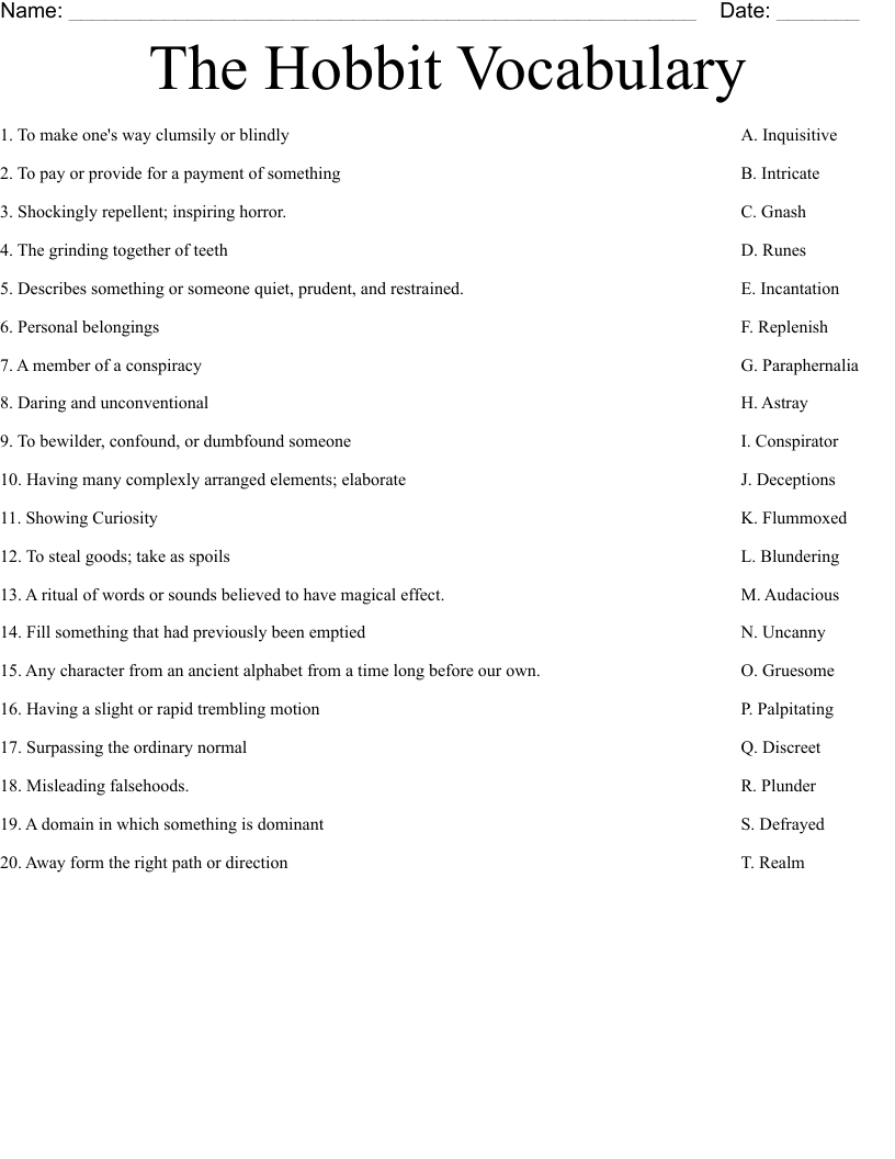 The Hobbit Vocabulary Worksheet