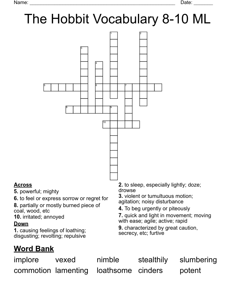 The Hobbit Vocabulary 8-10 ML Crossword