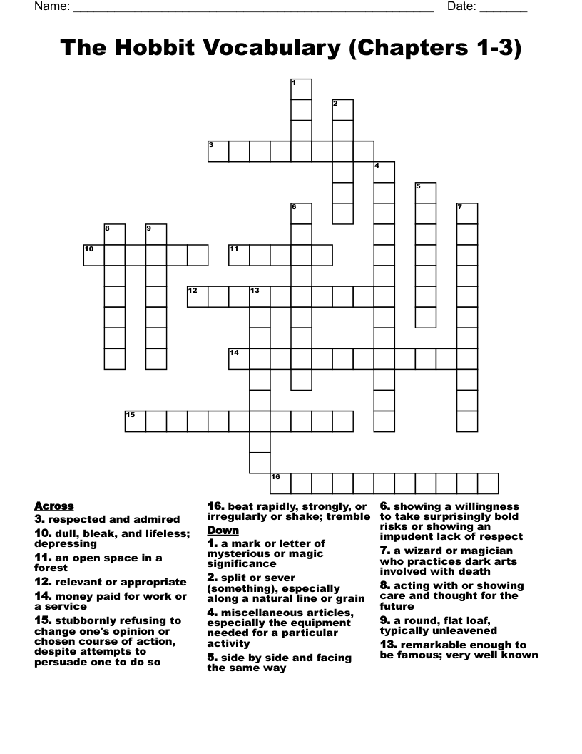 The Hobbit Vocabulary (Chapters 1-3) Crossword