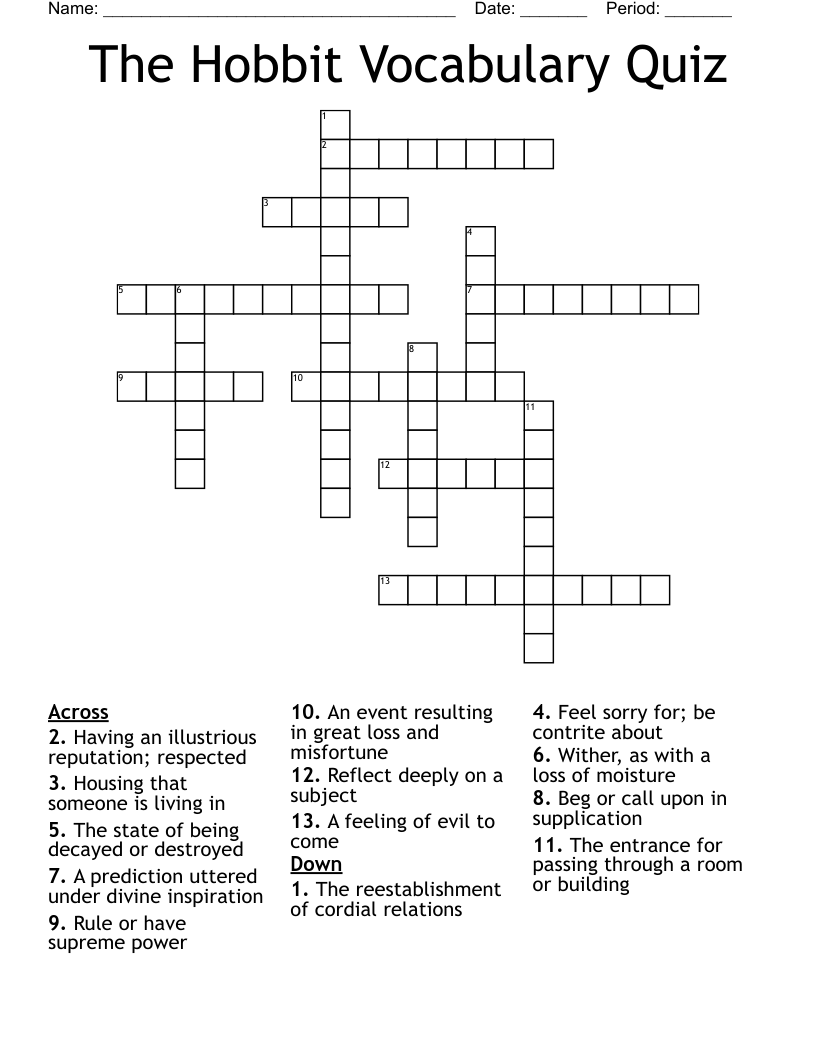 The Hobbit Vocabulary Quiz Crossword