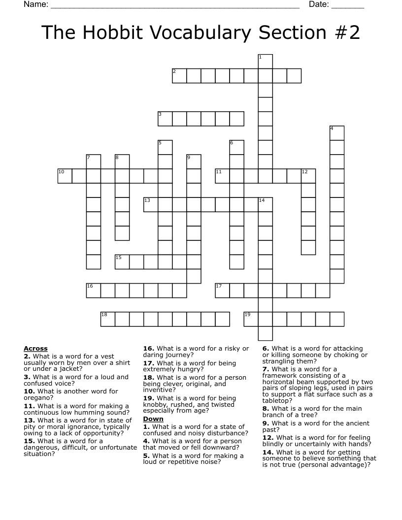 The Hobbit Vocabulary Section #2 Crossword