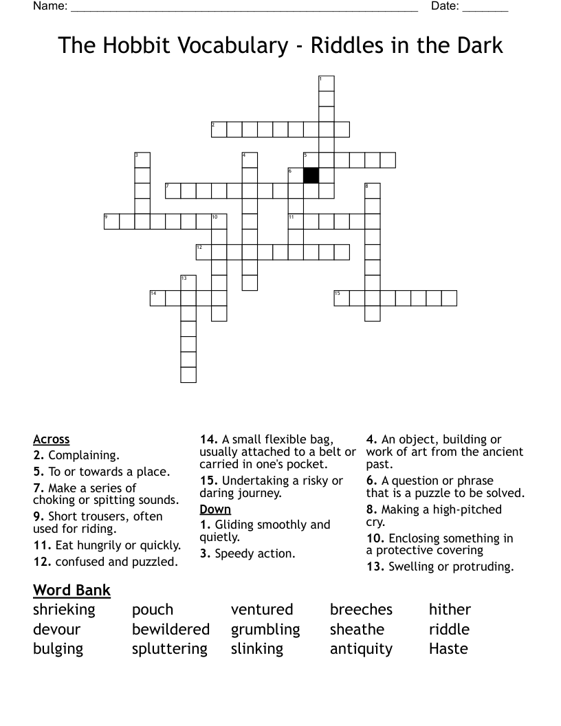 The Hobbit Vocabulary - Riddles in the Dark Crossword