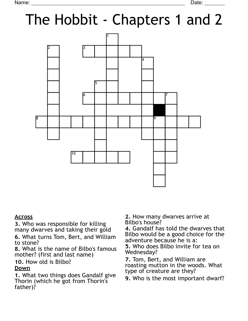 The Hobbit - Chapters 1 and 2 Crossword