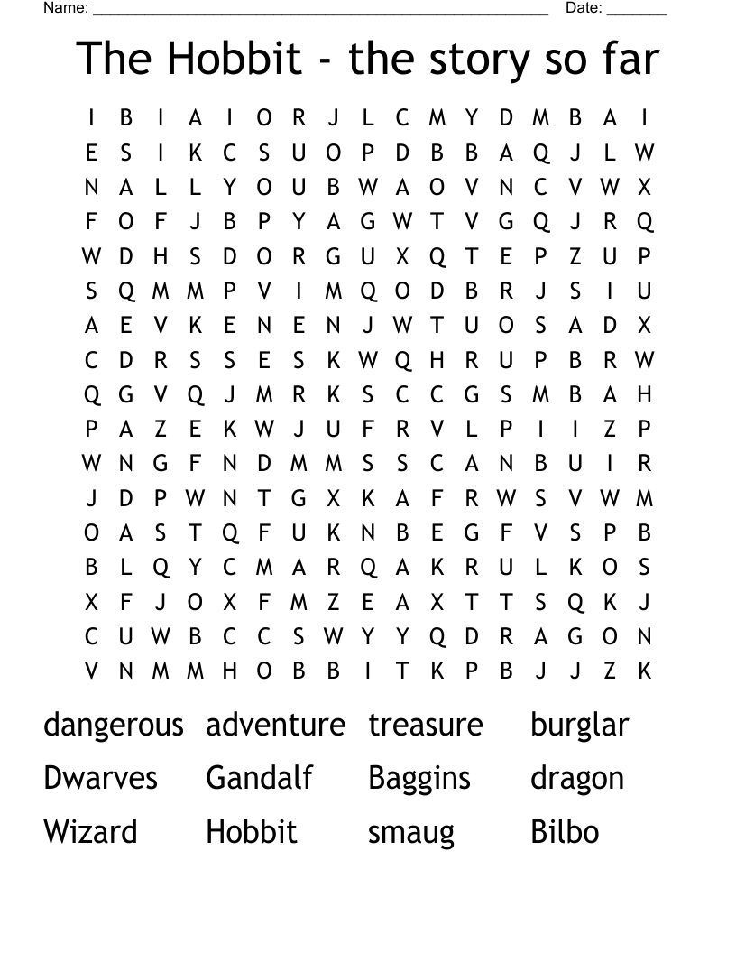 The Hobbit - the story so far Word Search