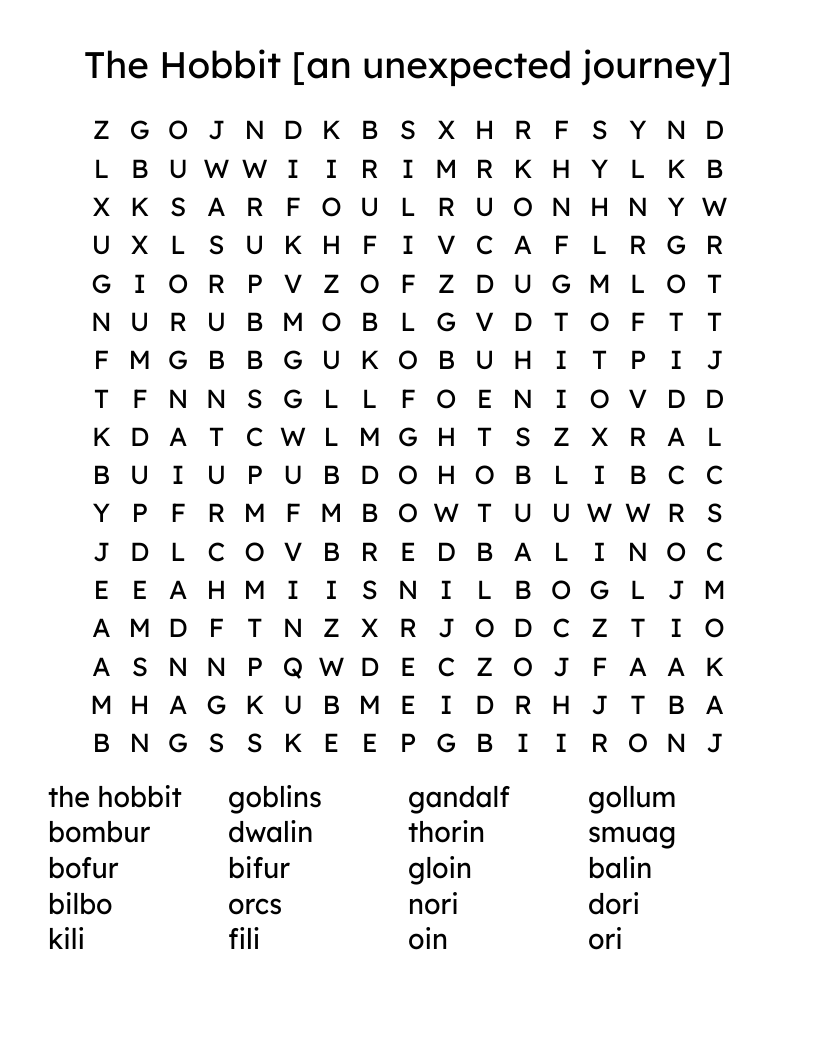 The Hobbit [an unexpected journey] Word Search
