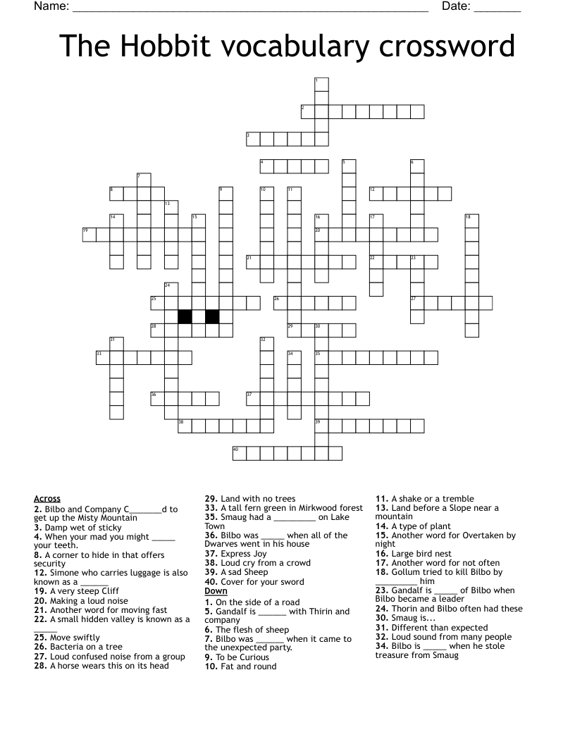 The Hobbit vocabulary crossword