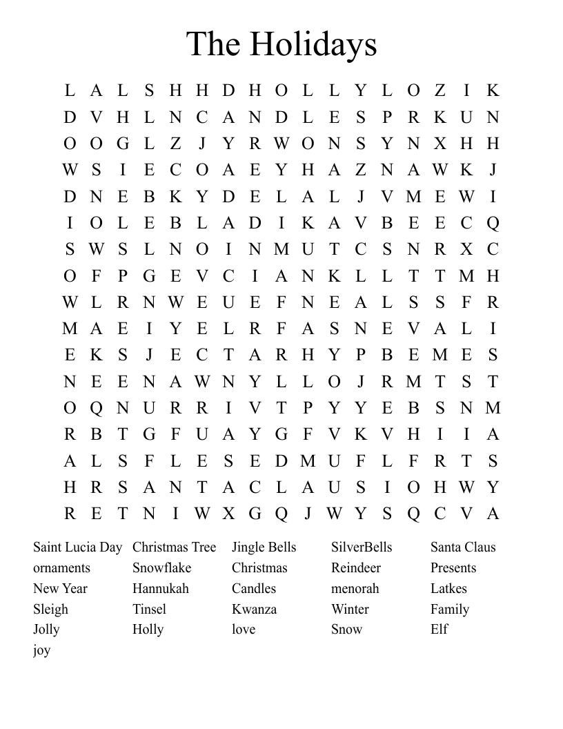 The Holidays Word Search
