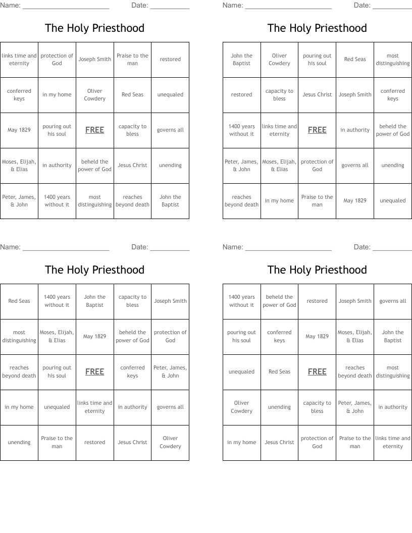 The Holy Priesthood Bingo Cards