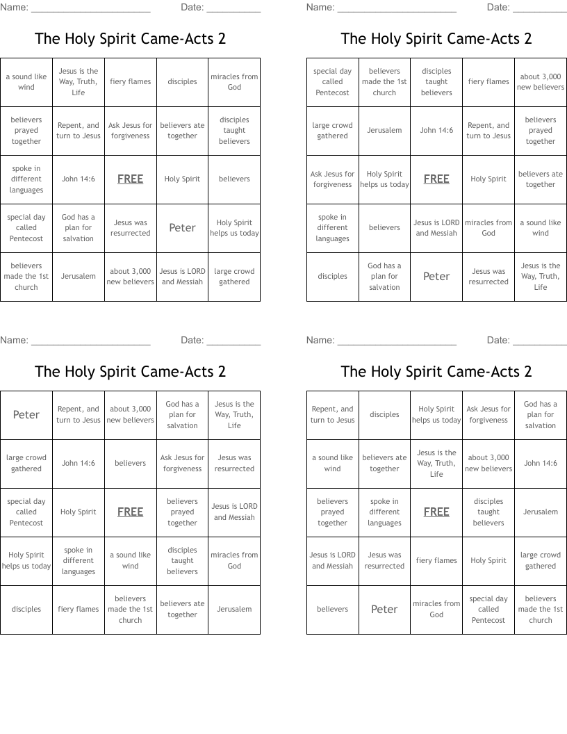 The Holy Spirit Came-Acts 2 Bingo Cards