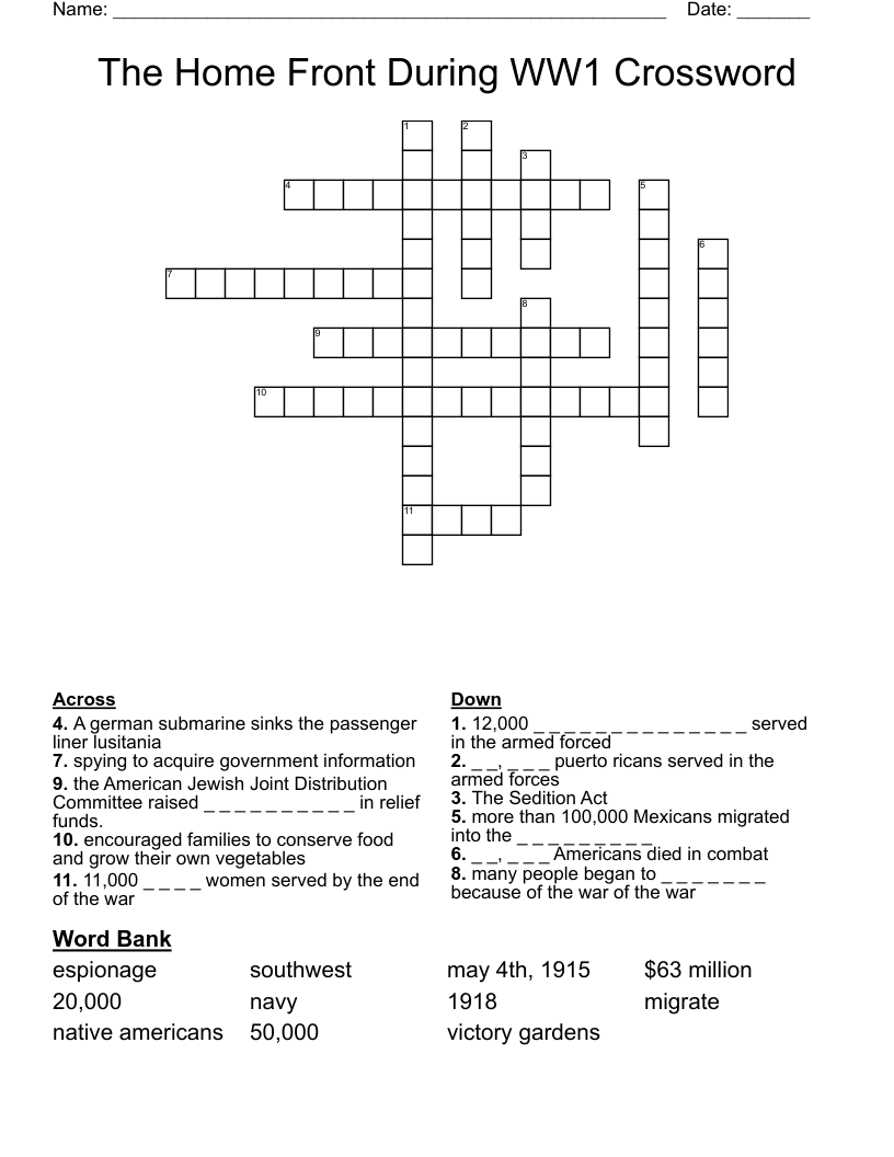 The Home Front During WW1 Crossword 