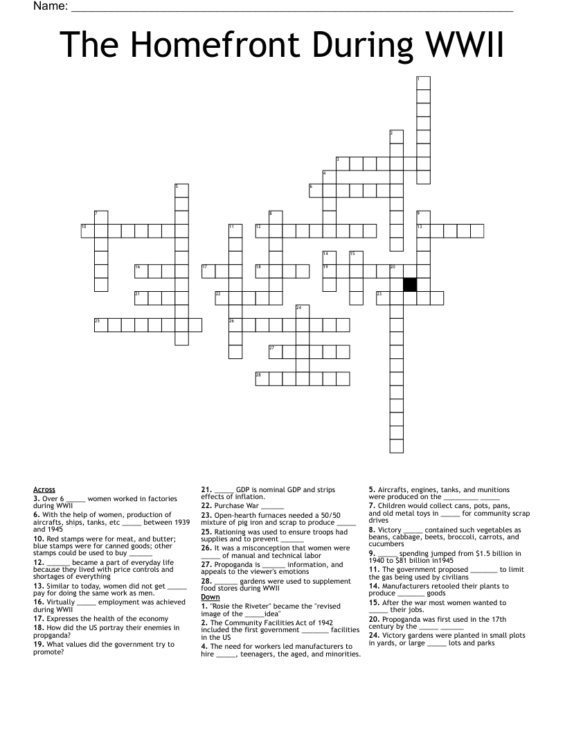 The Homefront During WWII Crossword