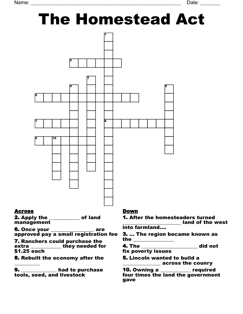 The Homestead Act Crossword